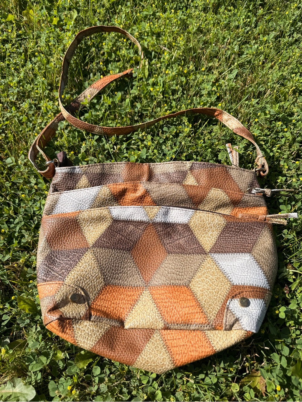 Patchwork Geo Crossbody Bag - Orange, Brown, Cream… Vegan Faux Leather Purse